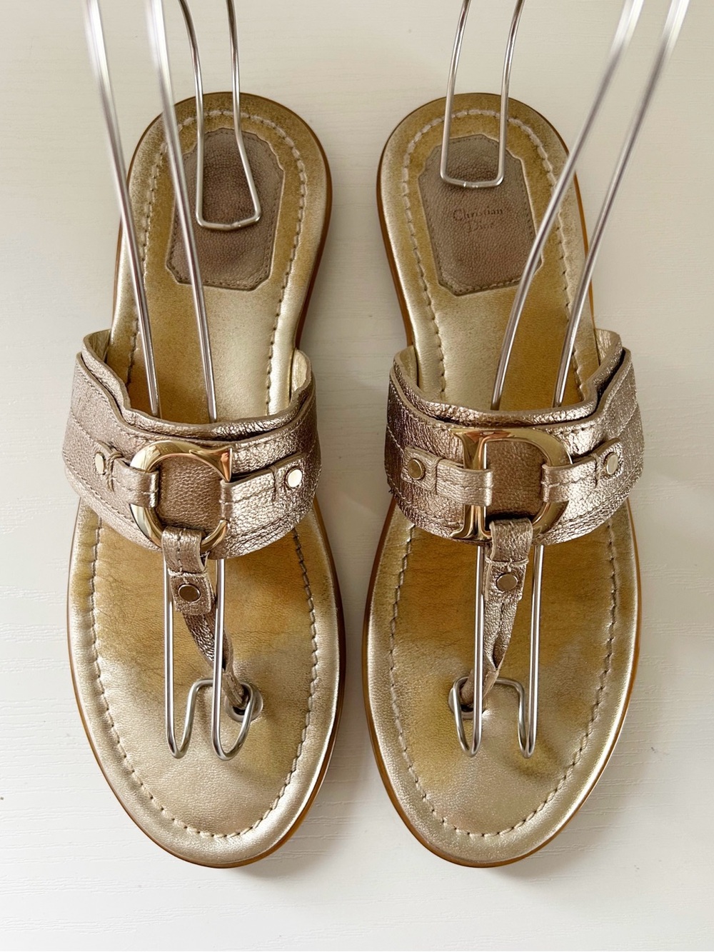 Christian Dior CD Thong Sandals Gold Flip Flops Logo Slides Size EU 39